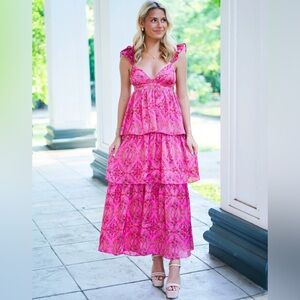 NWT Karlie Floral Satin Ruffle Maxi Dress